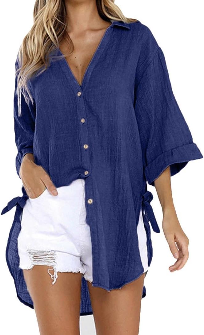 VJGOAL Womens Summer Loose Button Long Shirt Dress Cotton Ladies Casual Tops T-Shirt Blouse