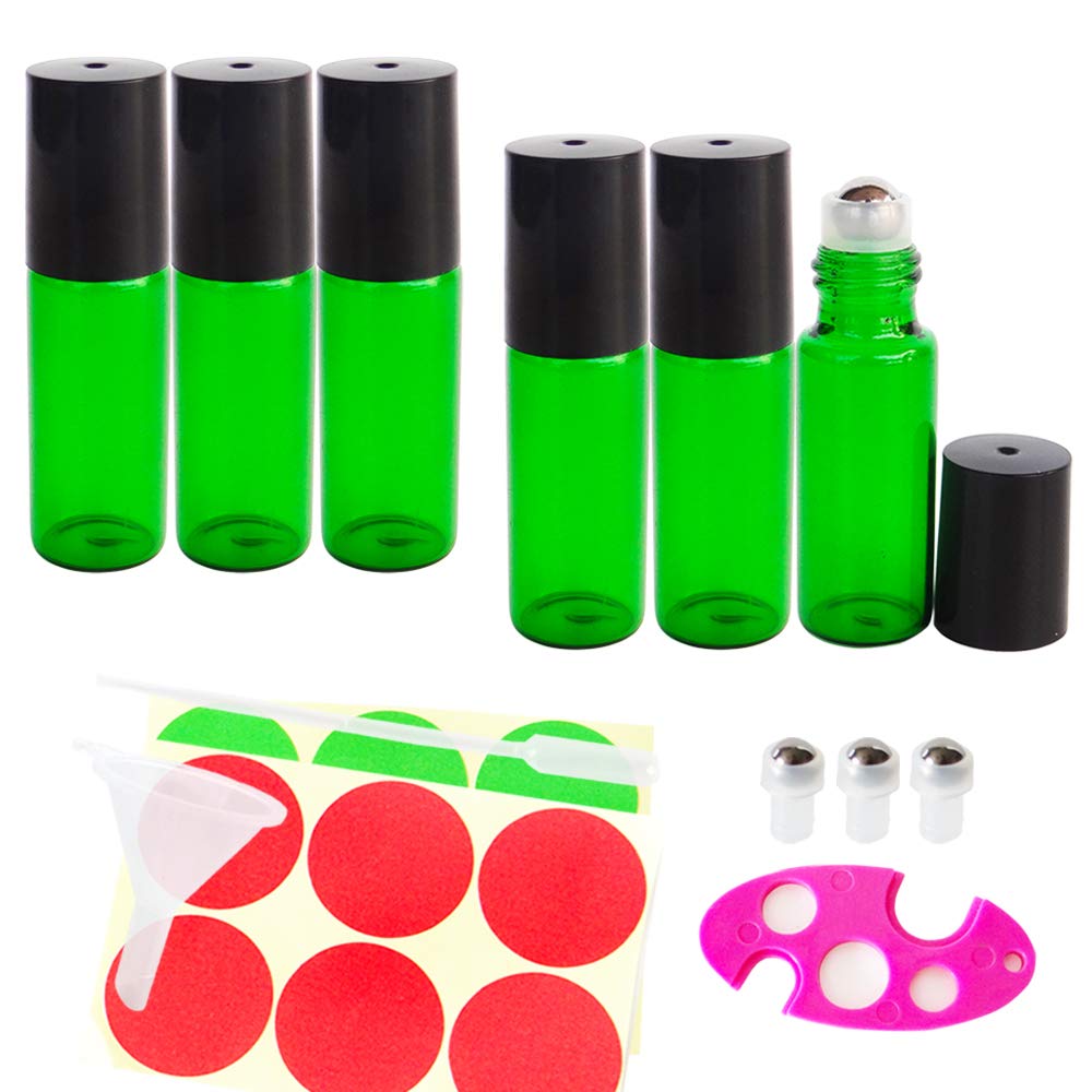 GreatforU 6pack 5ml Green Empty Glass Roll-on Bottles, Refillable Cosmetic Container for Makeup Essential Oil Perfume Lab Sample, FREE Dropper, Mini Funnel, Opener, Extra 3 Roller Balls, 12 Labels