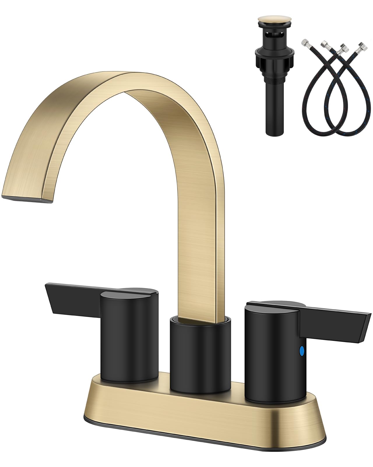 Photo 1 of Aolemi Bathroom Faucets for Sink 3 Hole,4 Inch Centerset Waterfall Faucet 2 Handle for Bathroom Sink with Pop-Up Drain and Supply Lines Brushed Gold and Matte Black