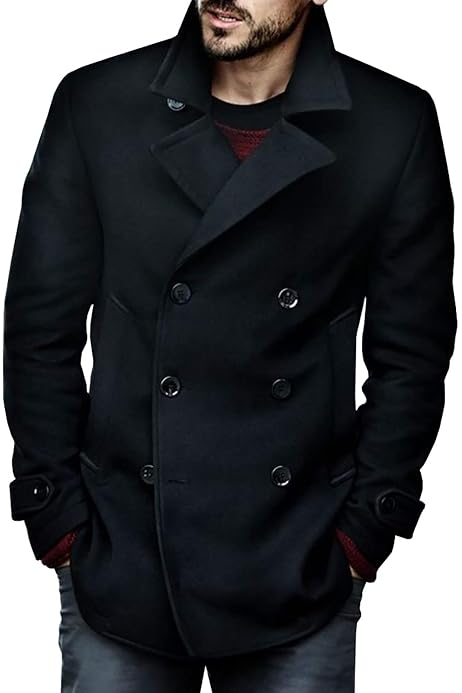 PASLTER Mens Classic Business Pea Coat 