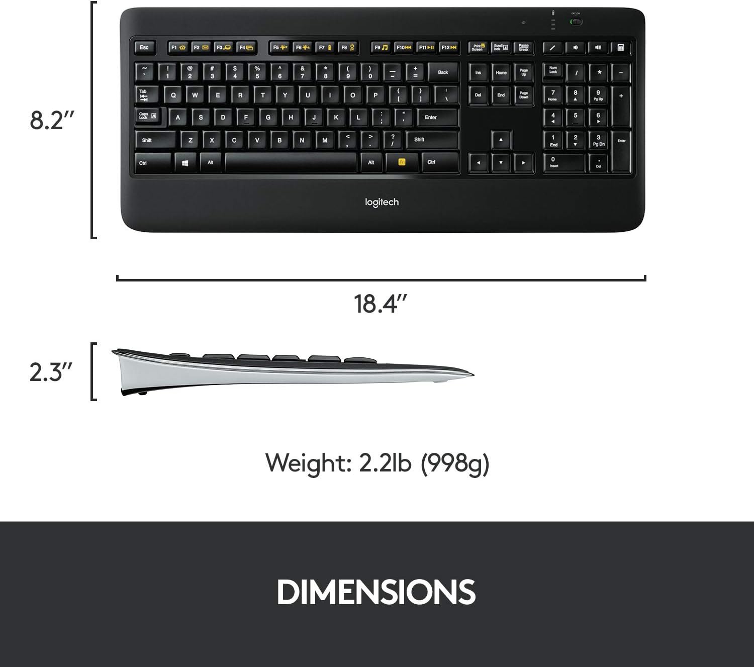 Logitech K800 Wireless Illuminated Keyboard — Backlit Keyboard, Fast-Charging, Dropout-Free 2.4GHz Connection: Electronics