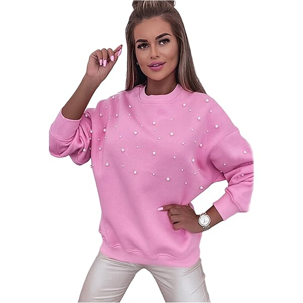Rngeddg Women Pearl Studded Beads Crew-neck Sweatsuit Solid