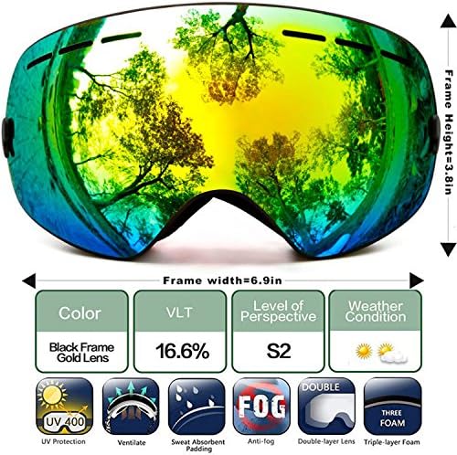 JapanX - Ski Goggles Snow Goggles for Snowboard Snowmobile,Interchangeable Lens Magnetic Detachable Foam,UV400 Protection Anti-fog Design OTG Snow Goggles for Men Women (C4 BLACK GOLD)
