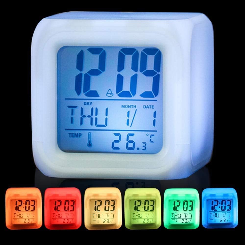 Digital Alarm Clock Led Night Light Cube Clock, Thermometer Night Glowing Cube Alarm Clock Kids Light Up Clock Color Changing, Electric Calendar Wake Up Bedside Clock Modern for Adults Bedroom, White.