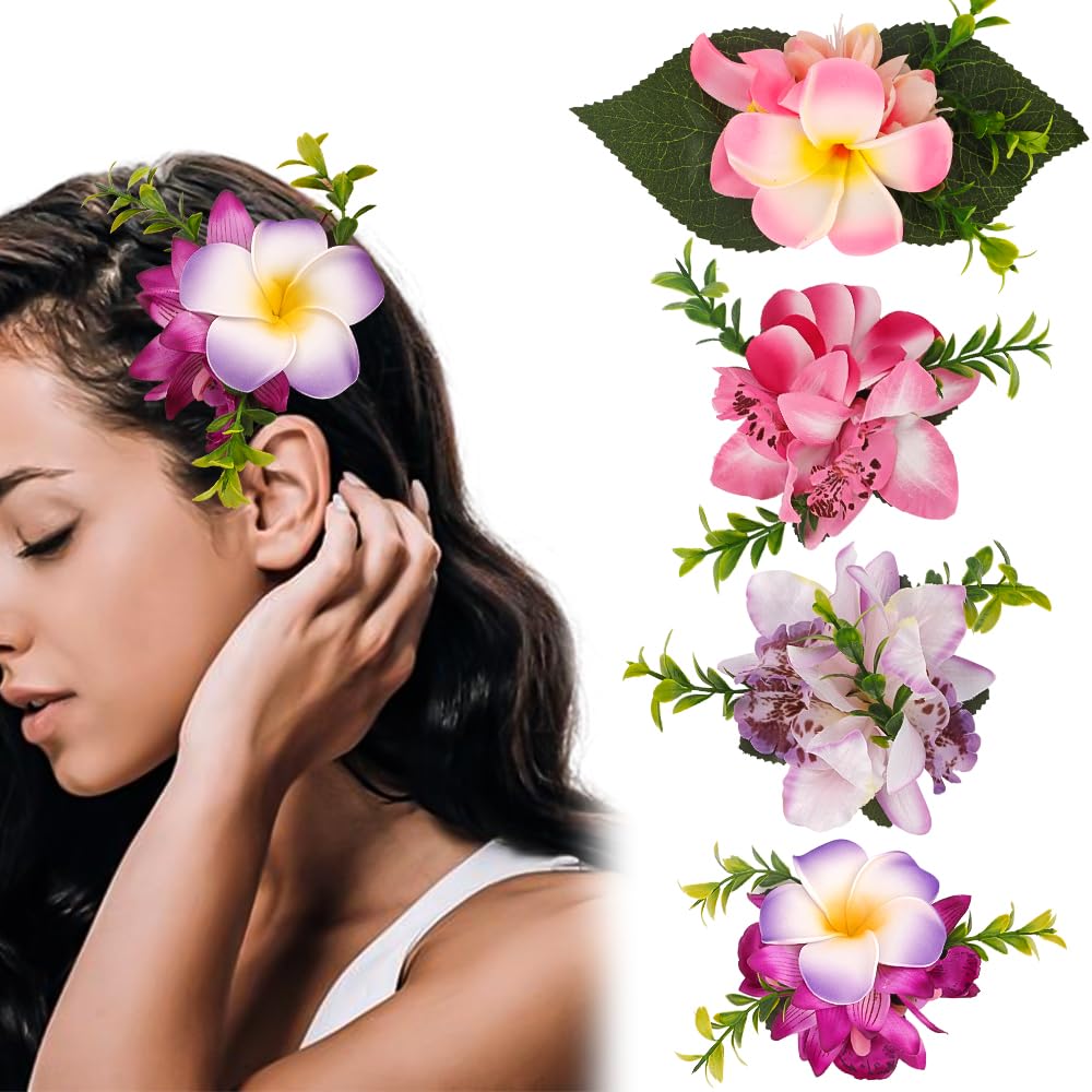 Photo 1 of Ahoney 4 Pieces Plumeria Hawaiian Artificial Flower Barrettes, Chiffon Hair Pins for Women, Girls - Beach, Luau Party Hairstyles Decor (Pink Purple)