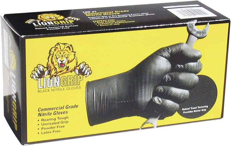 Lion Grip 8 mil Black Disposable Nitrile Gloves, Large, Box of 100 - Superior Grip for Mechanics, Auto Hobbyists, Industrial & Manual Laborers, Cleaning Work & More EPPCO 11044S