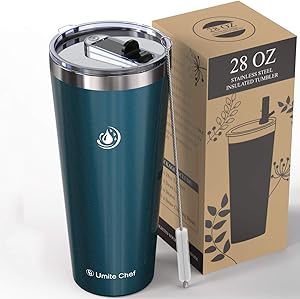 Umite Chef 28oz Tumbler Double Wall Stainless Steel Vacuum Travel Mug Tumbler with Lid, Insulated Coffee Mug Cup, 2 Straws, for Home, Outdoor, Office, School,(Blue Green)