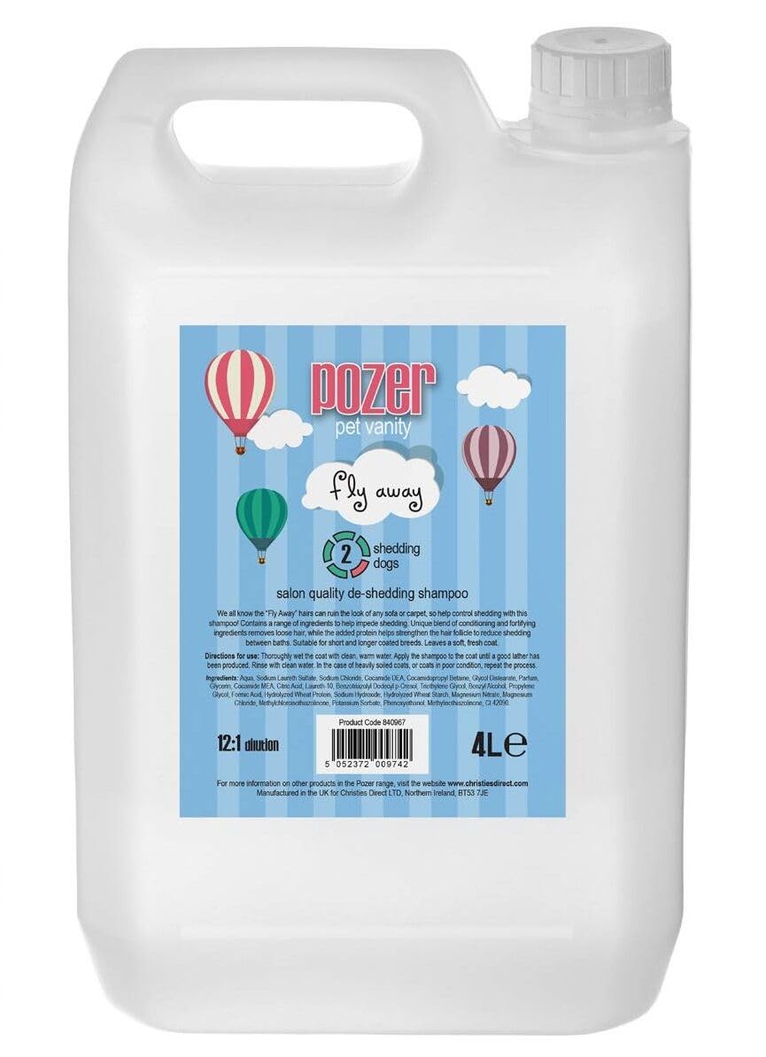 Pozer Fly Away Dog Shampoo - Deshedding Shampoo for Dogs - Contols Dog's Hair Shedding - Helps to Remove Loose Hair and Reduce Shedding - Leaves a Soft & Fresh Coat - Fresh Scent, 4 Litre