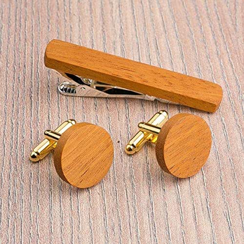 Round Wood Cufflinks and Tie Clip Set. Yellow wood. Custom