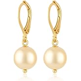Pearl Drop Earrings for Women, 925 Sterling Silver Leverback Dangle Earrings, White Pearl Minimalist Jewelry, Hypoallergenic Lightweight Handmade