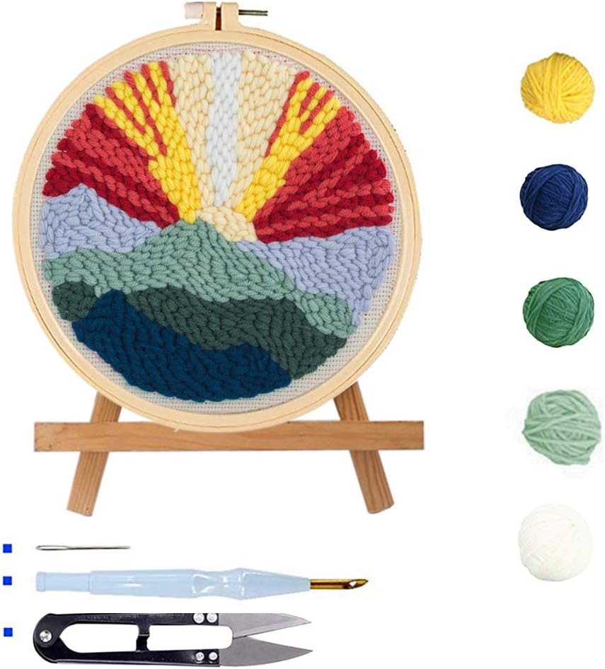 Stosts Sunset Punch Needle Embroidery Kit, Beginner Hook Kits with Display Stand, Embroidery Pen and Hoop, Rug-Punch Hooking Knitting Kit 8 x 8 Inch