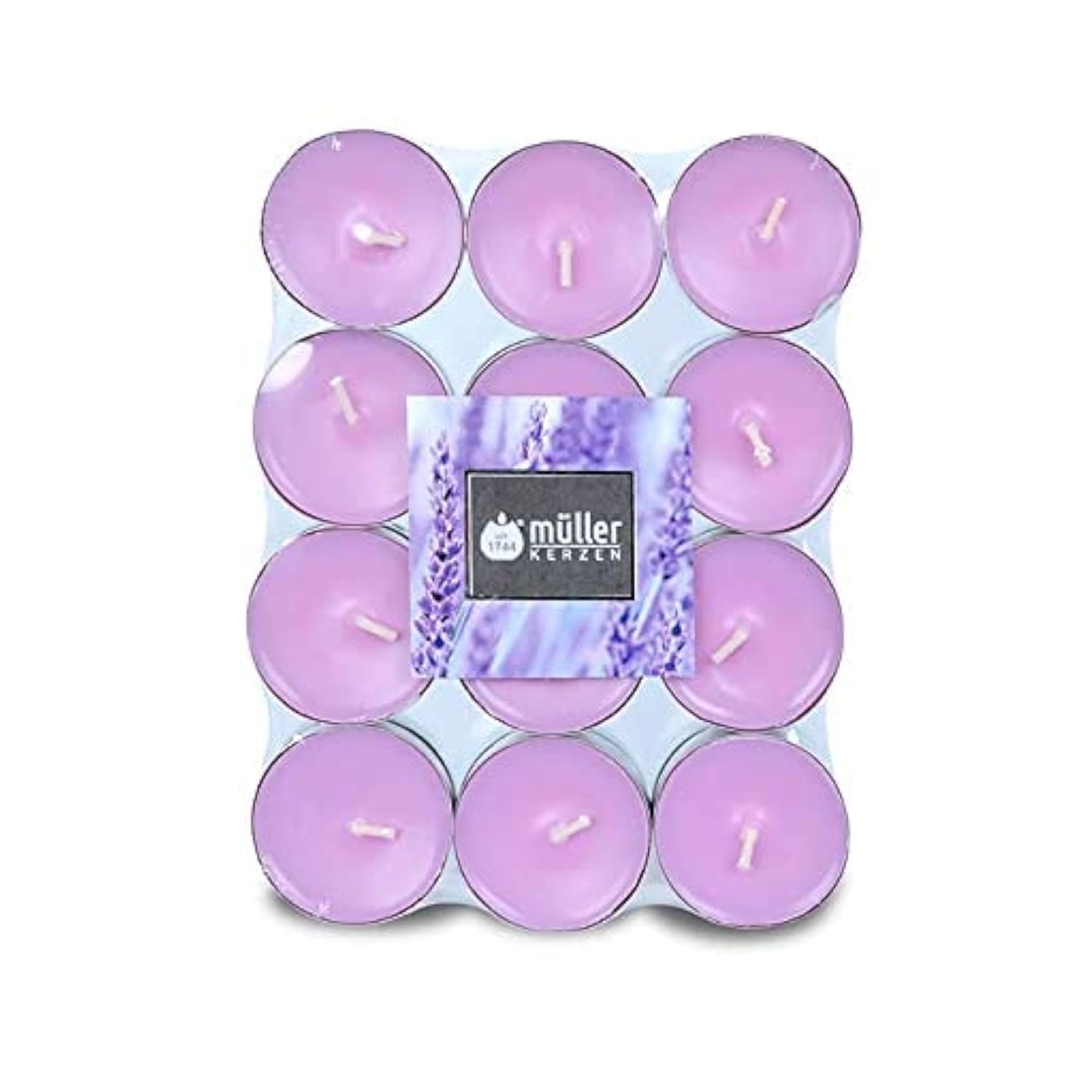 Müller Scented Tealight Candles - Scent: Lavender Fields - Pack of 24 Colored Tea Lights - 4 Hours Long Burning Small Candles - Purple Dripless Wax - 39 × 15 mm - Made in Germany - RAL Quality — image 1
