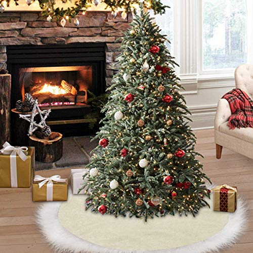 Jellas 3D Embossing Pattern Christmas Tree Skirt, 48 inches Premium Golden Tree Mat for Xmas Holiday with Hand Stitched Luxury White Snow Smooth Fur Edge, for Christmas Decoration Outdoor and Indoor