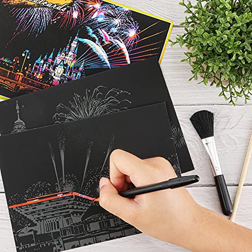 Koogel Kratzbilder, 16 Baltt 200 x 140 mm Scratch Paiting Paper Weltberühmte Sehenswürdigkeiten Feuerwerk Beschichtete Bunte Kratzpapier mit Werkzeug Set für Erwachsene