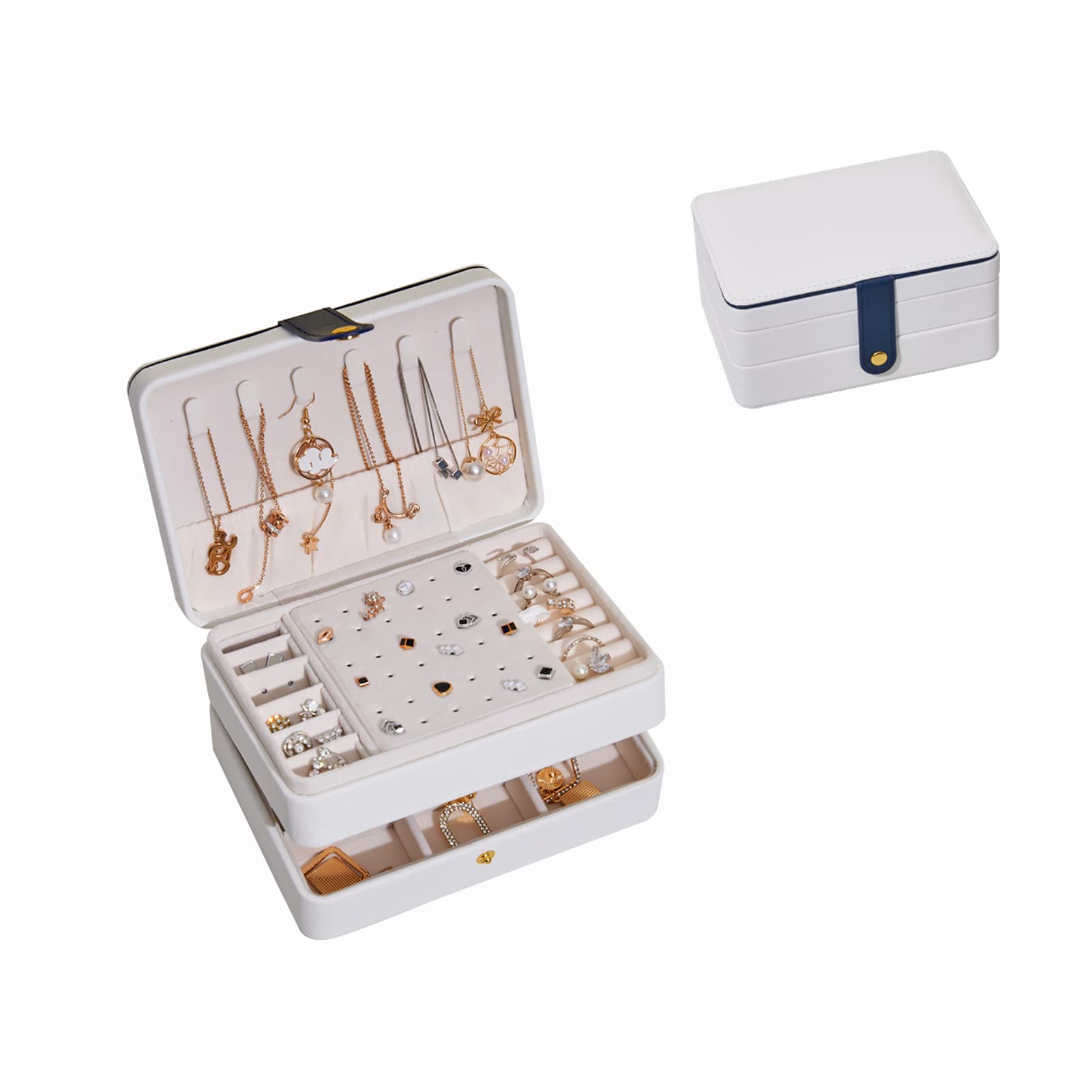 通用 Variety PU Leather Small J Travel Jewellery Organiser for Rings, Necklace, Earrings, Headwear (White Multilayer Jewellery Box)