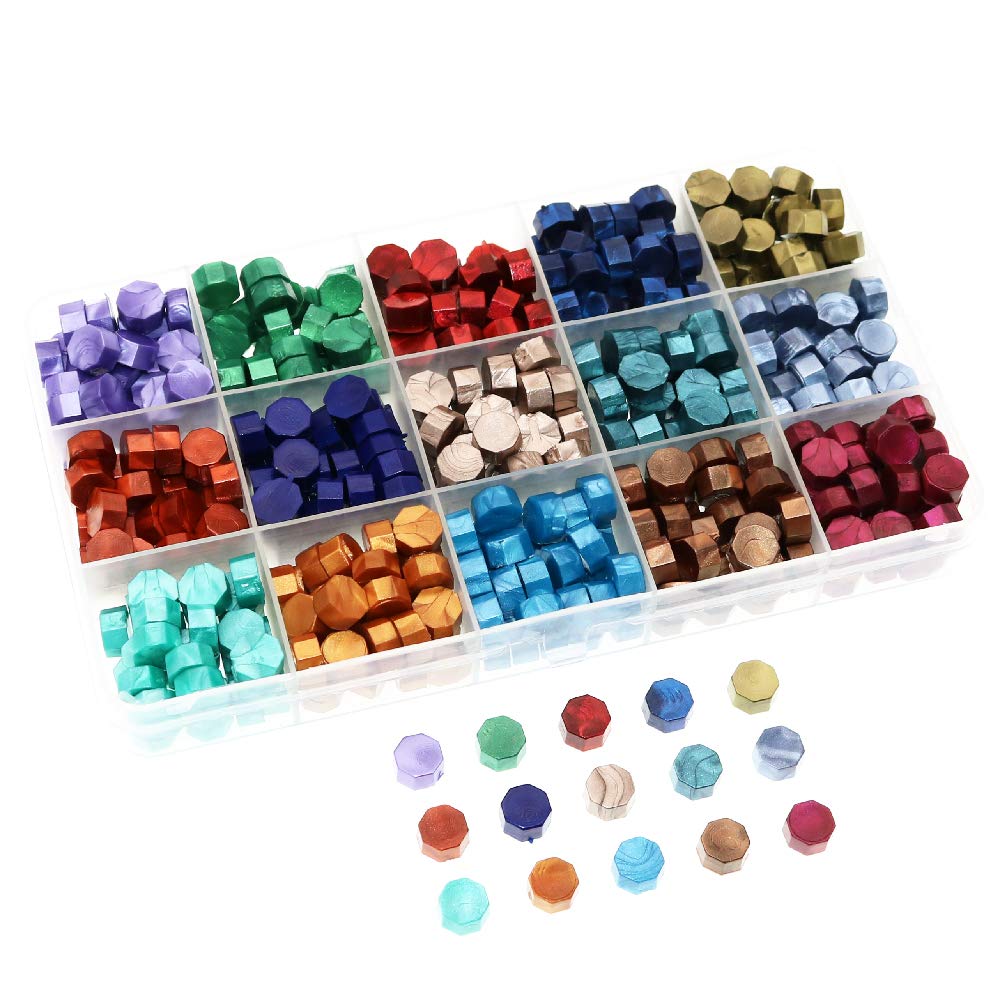 BITEYI Sealing Wax Beads,Octagon Sealing Wax Beads for Wax Stamp Sealing Letter and Vintage Wedding Invitation Decorative,15 Colors,375 pcs (Dark Color)