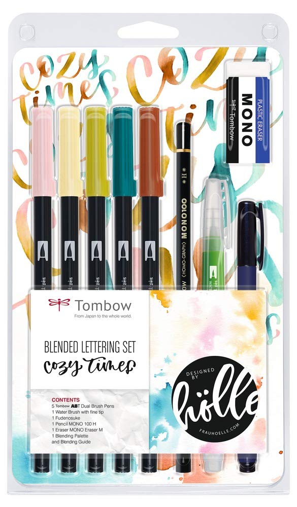 Tombow Blended Lettering Set includes 5 ABT Brush Pens, 1 Mono Pencil, 1 Mono Eraser, 1 Fudenosuke, 1 Water Brush, Blending Palette and Guide - Cosy Times, BS-FH1