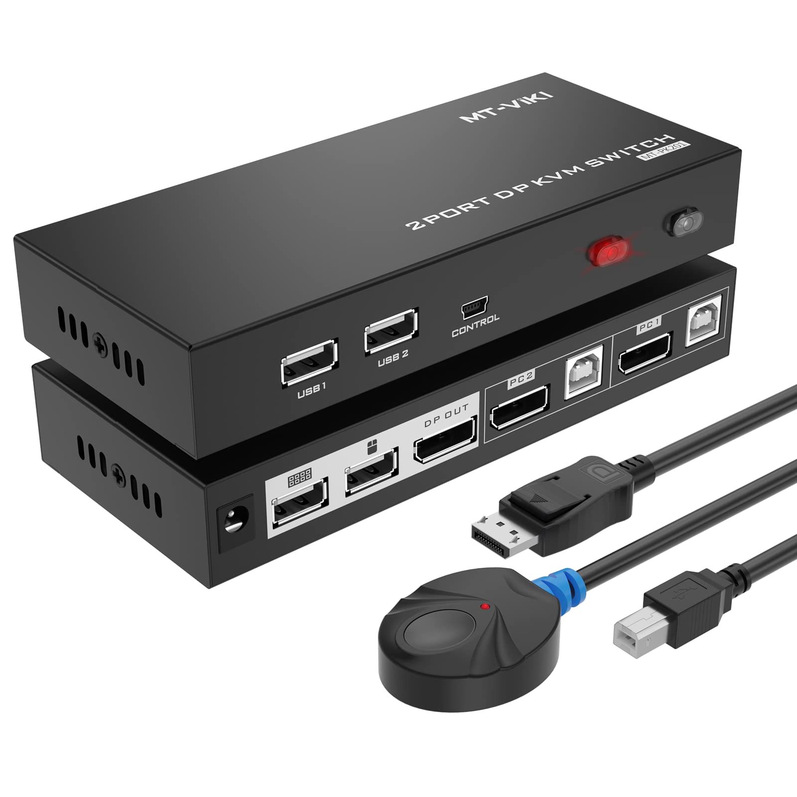 DisplayPort KVM Switch 2 port 4K@60Hz, MT-VIKI 2x1 DP KVM Switcher Hotkey 2 in 1 out w/2 DP Cables + 2 USB Cables + Desktop Controller (2 DP in 1 DP out)