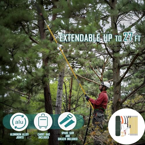 Manual Pole Saw for Tree Trimming, 8M Extendable Tree Scissors Trimmers for Long Branch, Handle Pruner Blade for Pruning High Branches, Yellow