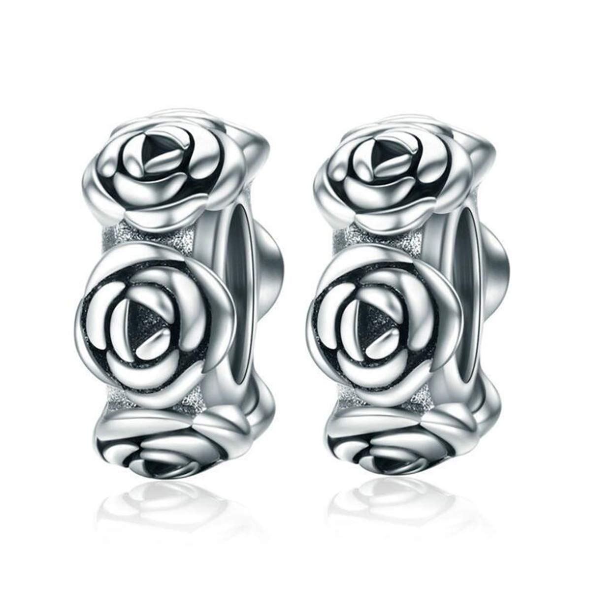 Christmas Charms Stoppers Beads 2 PCS Genuine 925 Sterling Silver Stars Flower Crystal Spacer Bead for Pandora Bracelet Charm Mothers day Charm (Rose Charms)