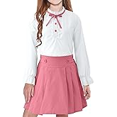 LIONJIE Girls White Blouse Ruffle Long Sleeve Button Down Shirt and Pleated Skirt School Uniform 2 Piece Outfit Set 3-12Y