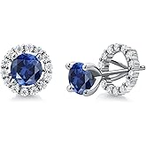 Gem Stone King 925 Sterling Silver 6MM Round Gemstone Birthstone and White Moissanite Removable Jacket Stud Halo Earrings For Women