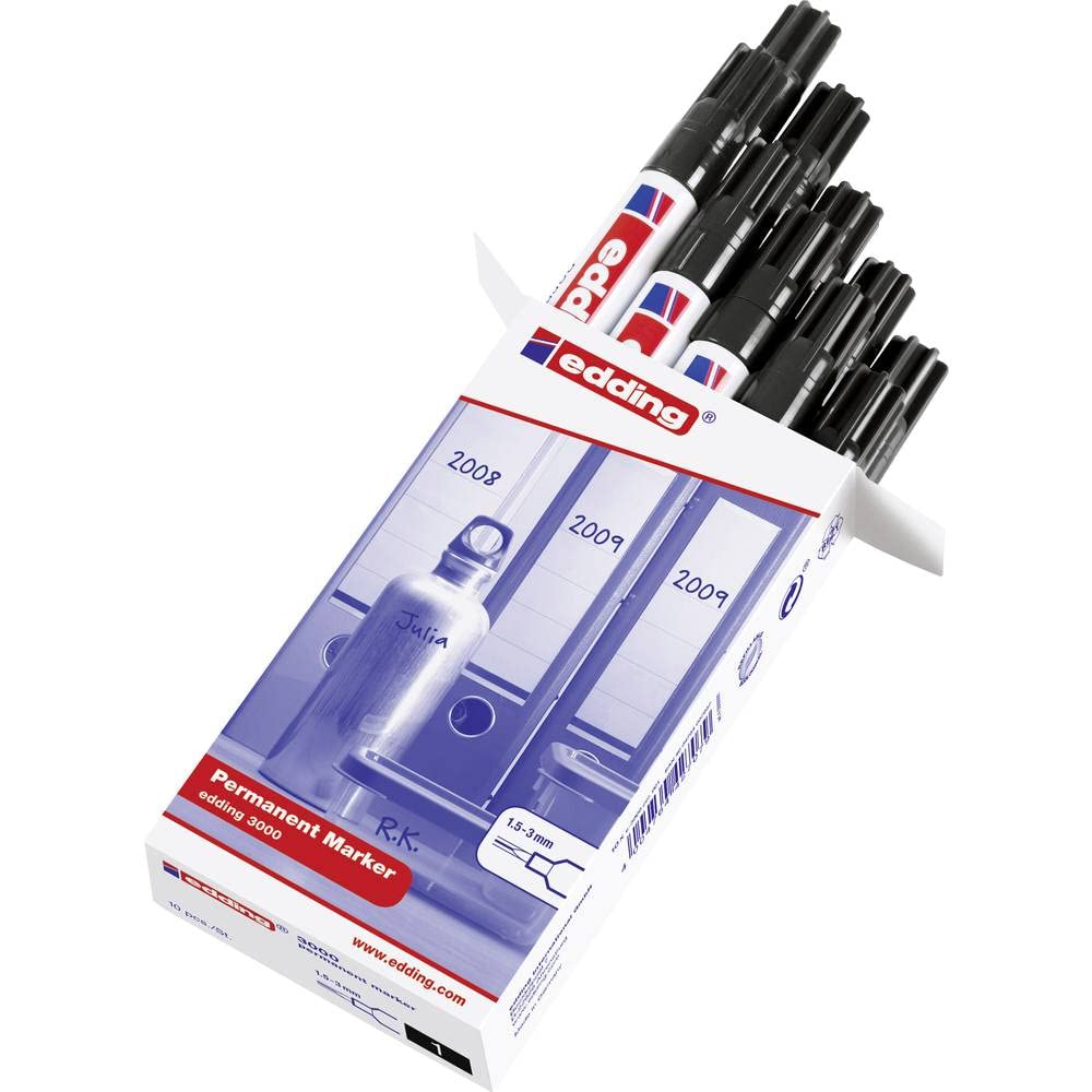 edding 3000 permanent marker - black - box of 10 - round tip 1.5-3 mm - quick-drying permanent markers - waterproof, smudge-proof - for cardboard, plastic, wood, metal, fabric - marker pens