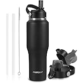 ABOTOCUP 32oz Black Water Bottle Stainless Steel, Keep Cold 24H&Hot 12H, Water Bottle with Straw&Spout Lids, Insulated Water Bottle Double Wall Vacuum, Fit in Any Car Cup Holder, Leak-proof BPA Free
