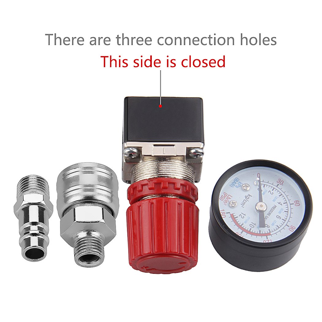 1/4" Druckminderer, Preciva EU-Standard Druckregler Druckregelventil Druckschalter Regelventil Druckschaltventil mit Manometer 175 PSI für Luftverdichter, Luftkompressor - 3 Löcher 6