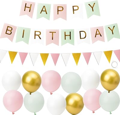 Kriovoa Happy Birthday Banner & Balloons Set for Girls - Green Pink