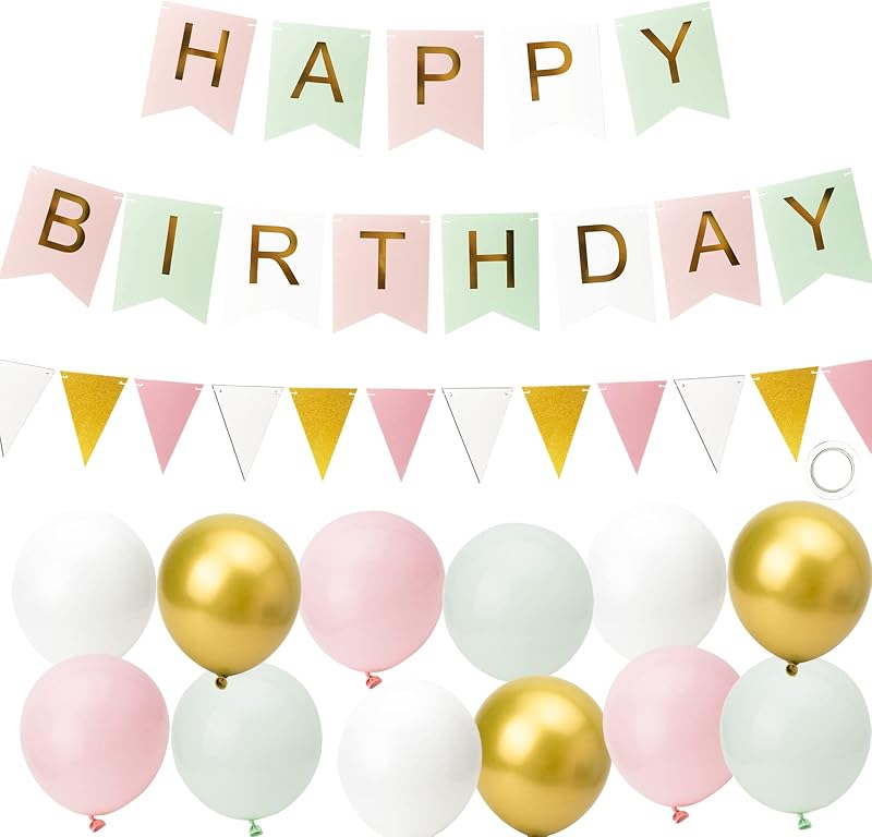 Kriovoa Happy Birthday Banner & Balloons Set for Girls - Green Pink