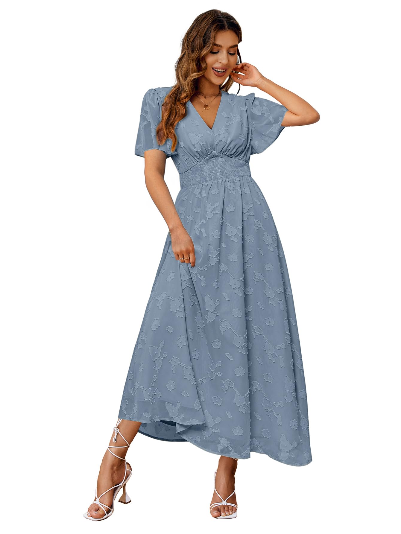Photo 1 of Simplee Women's Boho Floral V Neck Short Sleeve Formal Maxi Dress Summer Long Flowy Lace Bridesmaid Wedding Party Evening Dress (L Dusty Blue)