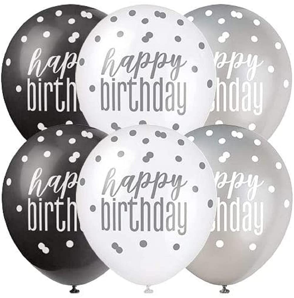 Premium Glitz Black, Silver & White Happy Birthday Latex Balloons (30cm) - Perfect for Stylish Party Decorations - 6ct