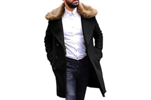 PASLTER Men's Winter Trench Overcoat Removable Faux Fur Collar Top Coat Double Breasted Business Long Pea Coat