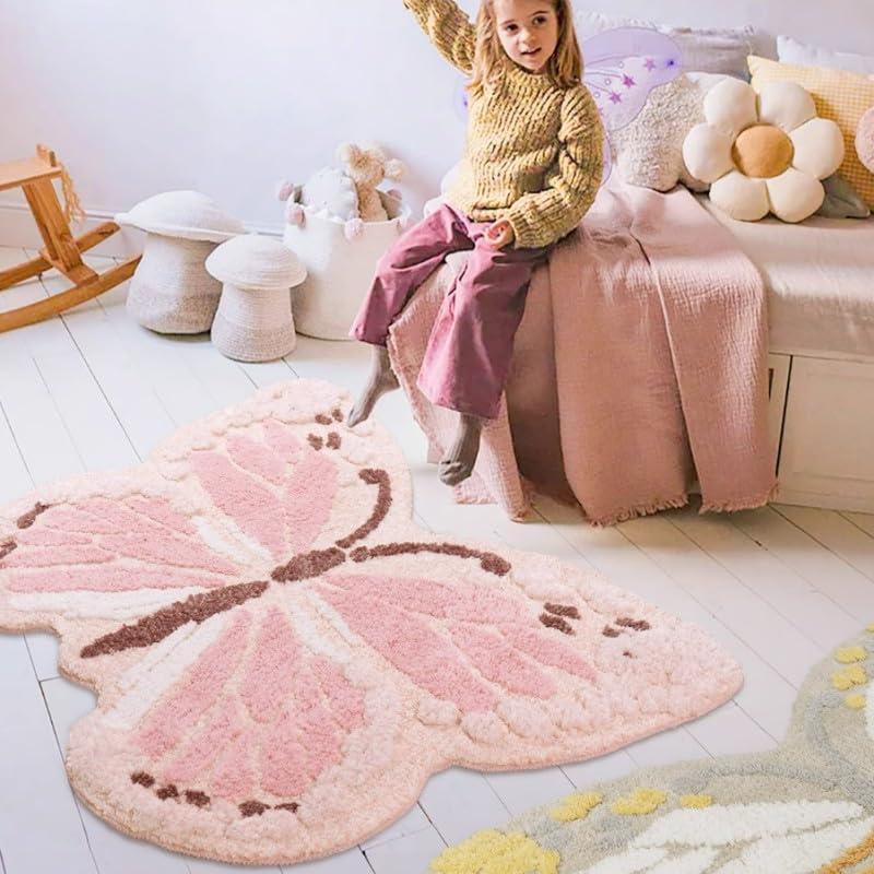 Photo 1 of Butterfly Kids Rug for Girls Bedroom, Colorful Washable Nursery Rugs, Soft Area Rug Non Slip Play Mat Carpet for Playroom Kids Room, 35.4" x 47.2"-Light Pink