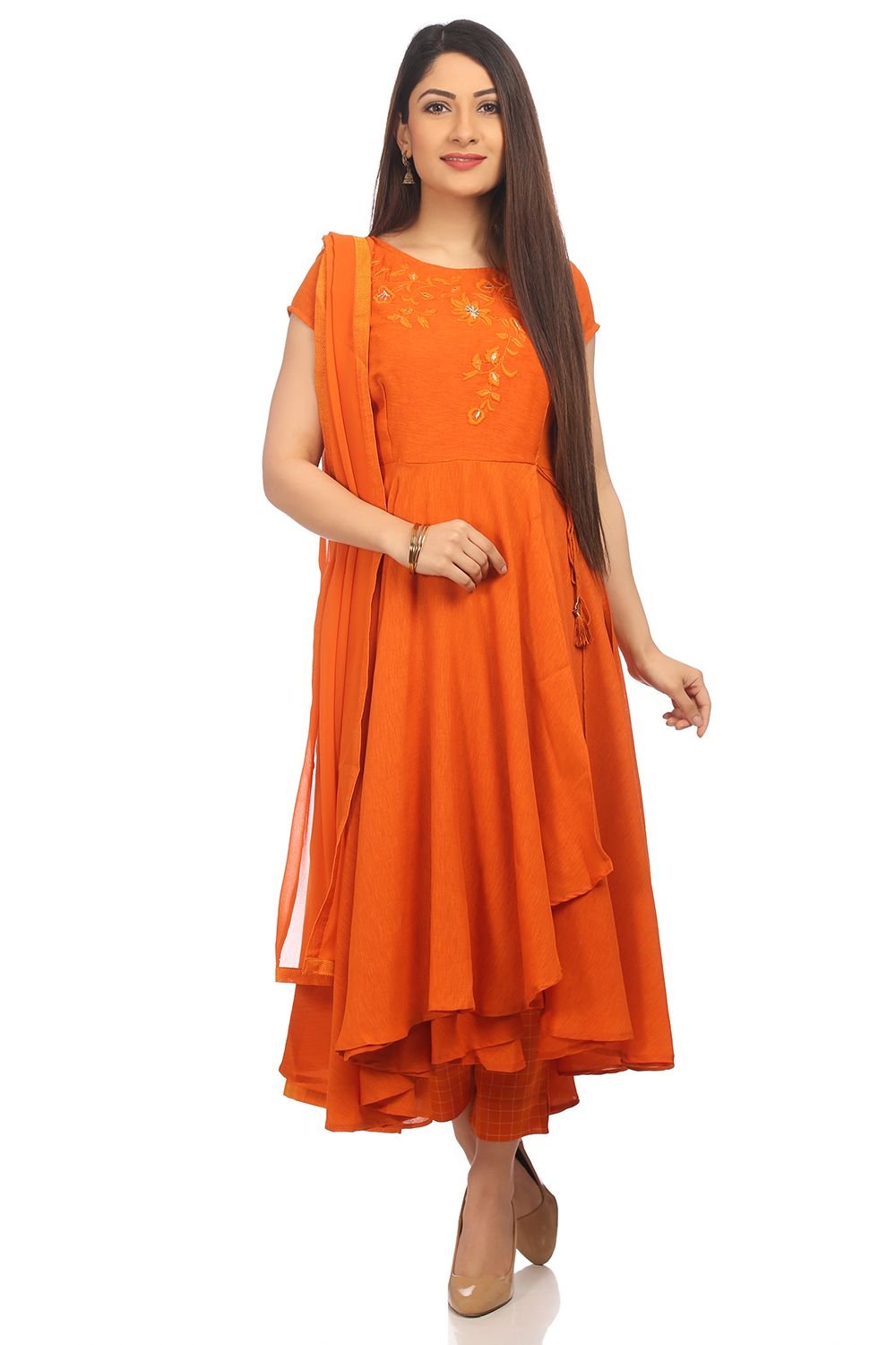 Biba Womens Orange Anarkali Poly Cotton Suit Set Desertcart