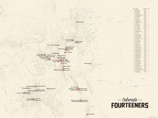 map of 14ers in colorado Amazon Com 58 Colorado 14ers Map 18x24 Poster Tan Posters Prints map of 14ers in colorado