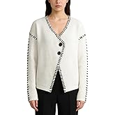 Women's Color Block Chunky Cable Knitted V Neck Button Up Knit Cardigan Sweater