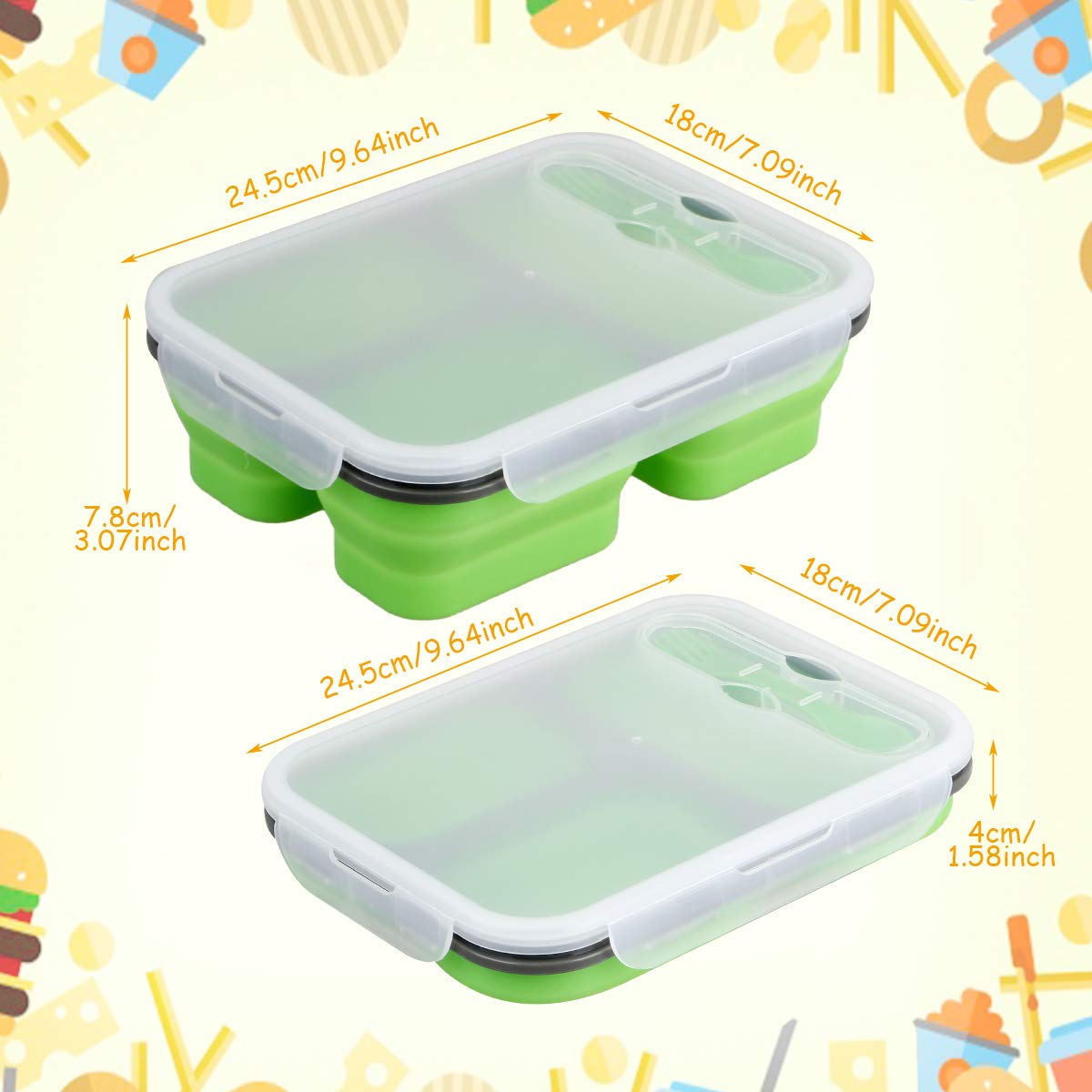 Collapsible Silicone Bento Box3-Compartment Eco Silicone Collapsible Bento Lunch Box Kit-BPA Free, Safe in Microwave, Dishwasher & Freezer (Green)