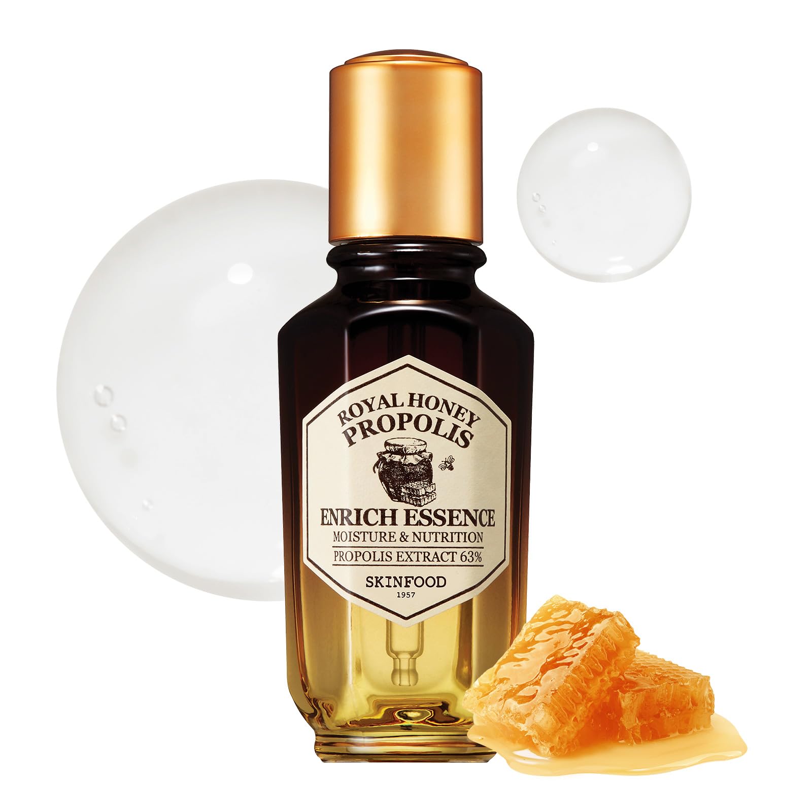 SKINFOOD Royal Honey Propolis Enrich Essence Toner - 63% Black Bee Propolis & 10% Royal Jelly Extract Face Serum - Propolis Serum for Skin - Royal Essence Face Toner - 1.69 Fl. Oz. (50mL)