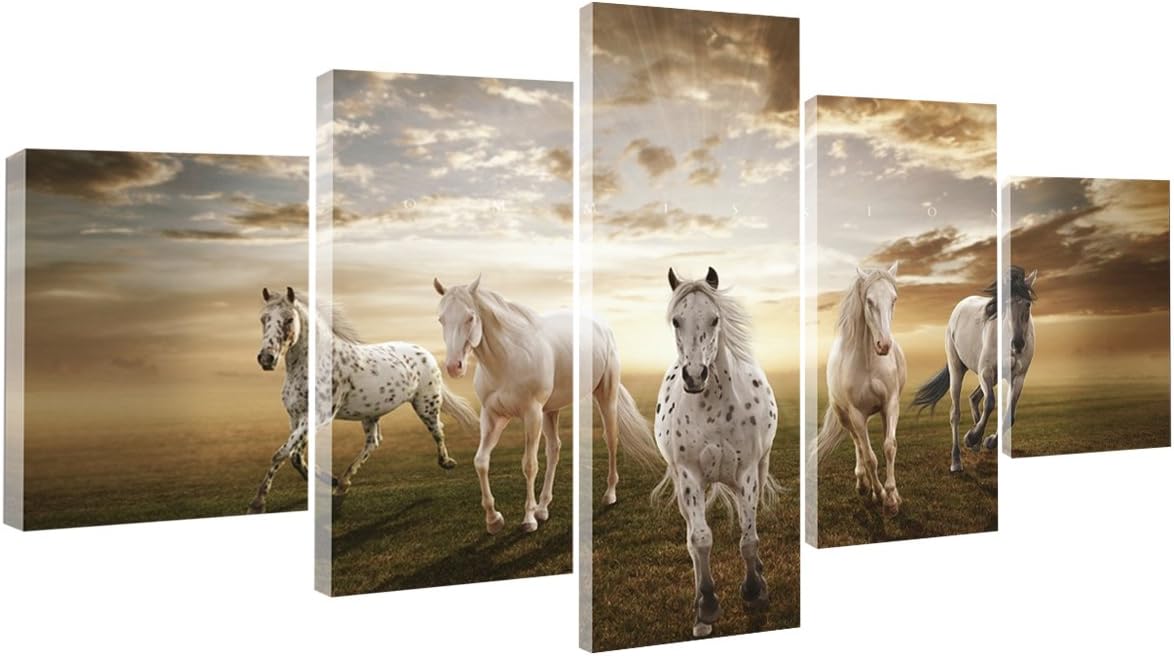 Painting World The Five Running Horse in the Prairie Framed Canvas Art Print - 5 Pieces Wall Art Multipart Decorative Canvas - Animal- Oil Paintings Prints Pictures for Home Bedroom Living Room Dining Room Office Wall Decor Christmas Gifts Decoration 16 ( 5 Panel/ Set, 100 x 55 cm/ 39.4" x 21.6", Ready to Hang)
