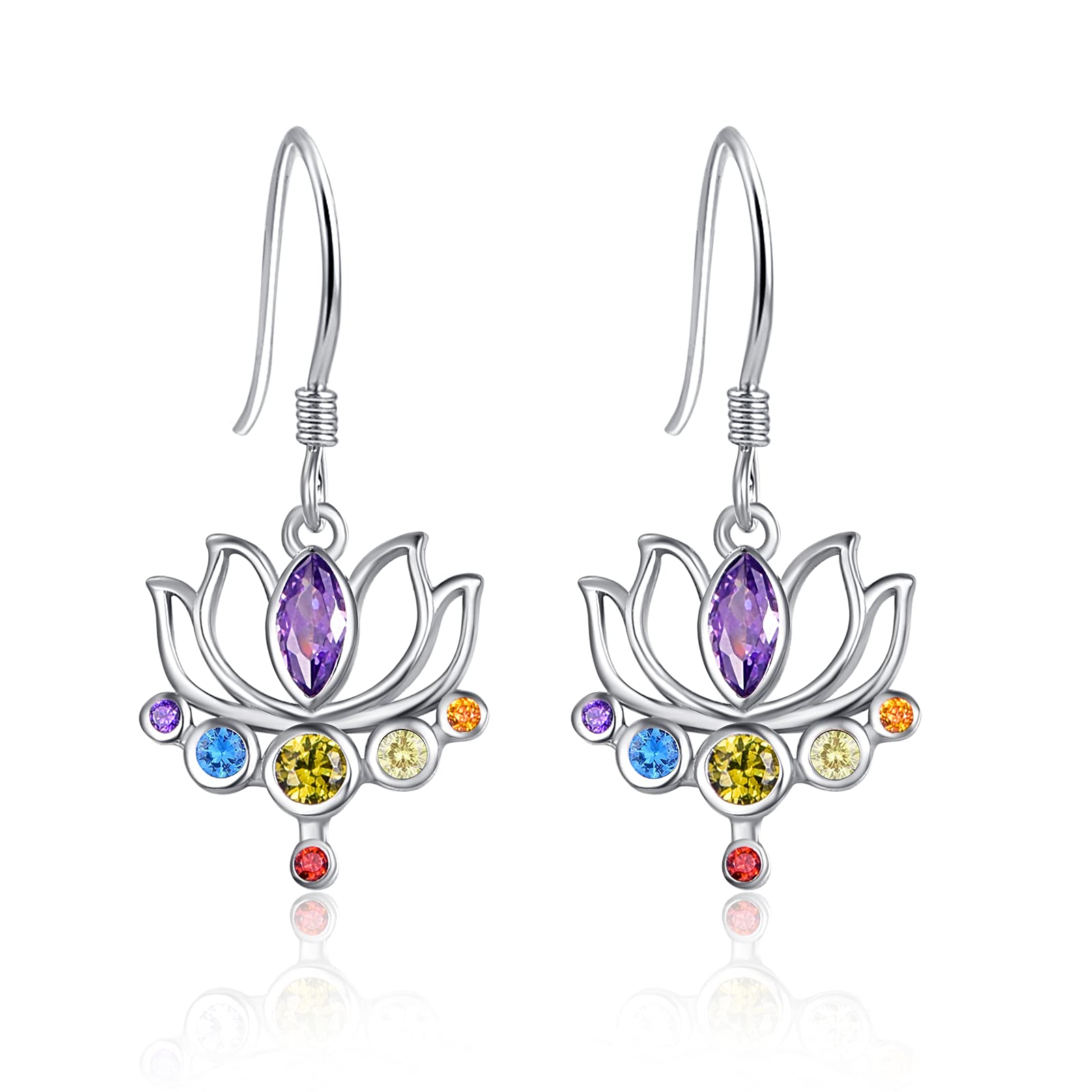 TANGPOET Chakra Earrings 925 Sterling Silver Lotus Flower Drop Earrings Hypoallergenic Dangle Earrings Lotus Flower Jewellery Gifts for Women Ladies Girls