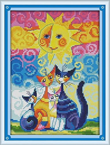 Crossdecor DIY Stamped Cross Stitch Starter Kits Beginners Cross-Stitching Accurate Pre-printed Pattern - Cats Under The Sun 11CT Fabric 35X25 CM, Frameless (Printed Pattern On White Canvas)
