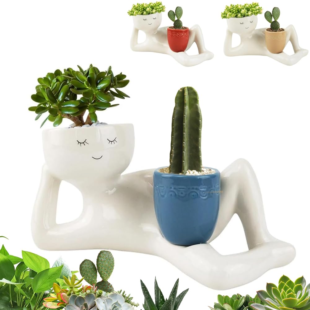 Photo 1 of Lazy Guy Planter, Lazy Little Character Flowerpot, Relaxing Person Holding Pot Planter, Funny Plant Pots Unique Shape Pot for Succulents Cactus with Drainage Hole for Home Garden Decor (Blue)