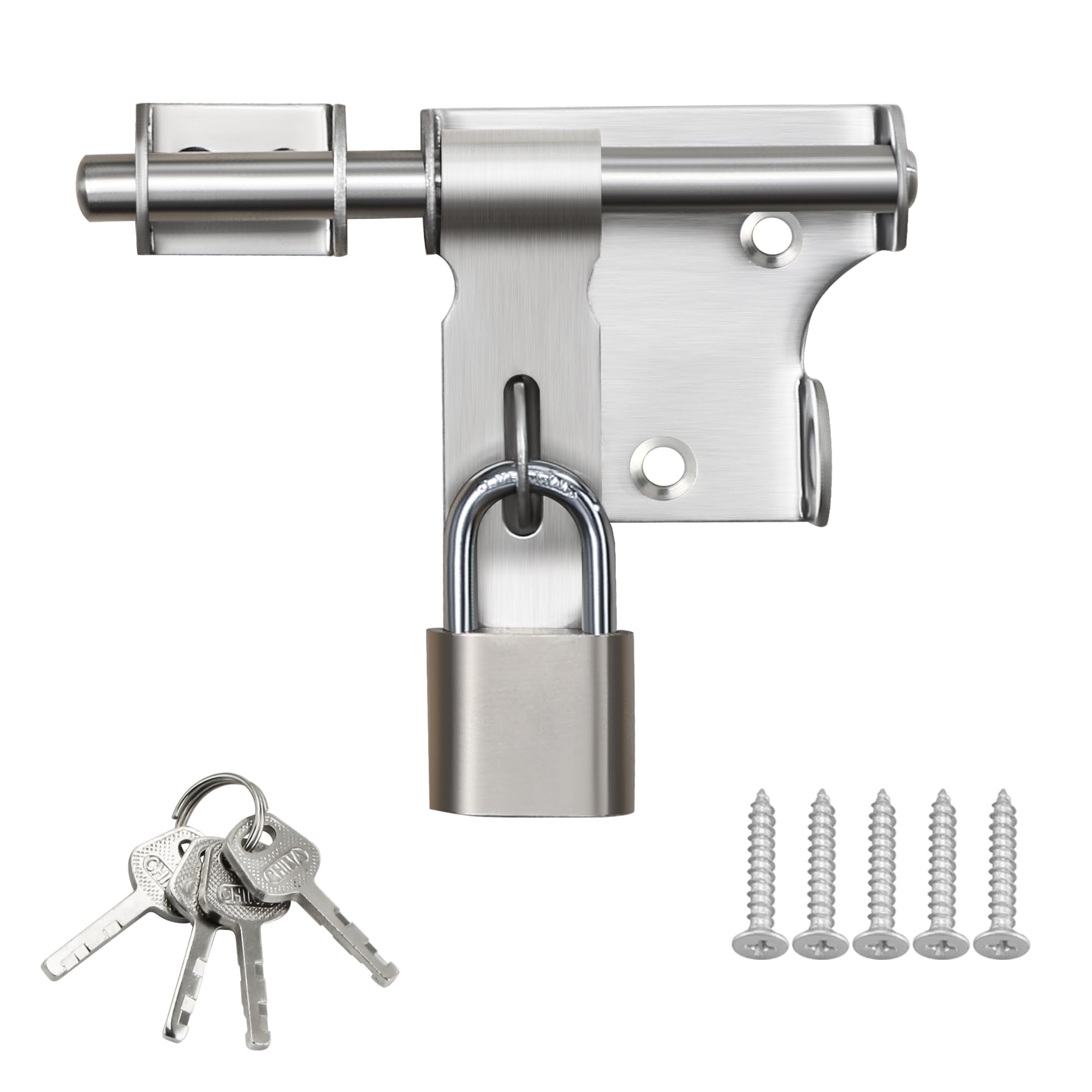 SAYAYO Gate Latch Bolt Lock with Padlock & 4 Keys Gate Locks for Wooden Gates Garden Shed Locks, Stainless Steel Brushed Nickel, EMS320LS-SET