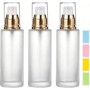 TUPWELY 3 Pack 60ML/2oz Travel Pump Frosted Glass Lotion Bottles, Refillable Empty Gold Dispensers, Portable Cosmetic Contain