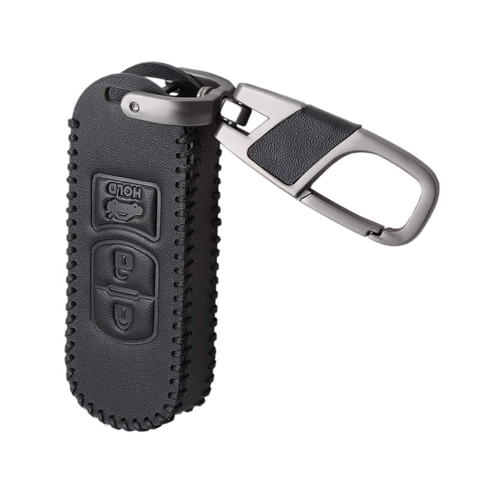 Happyit Leather Car Key Cover Case Keychain for Mazda 3 6 Axela Atenza CX-7 CX-9 CX-5 CX5 2015-2019 3 Buttons Fob Keyless (Black)