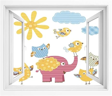 Amazon 保育園 偽窓ステッカー 3dウォールステッカー 150x1 Cm 幸せな動物のカラフルなデザイン太陽雲かわいい象鳥とフクロウ装飾 窓の景色 目の保養 癒し 気分転換 マリーゴールドピンクベビーブルー ウォールステッカー オンライン通販