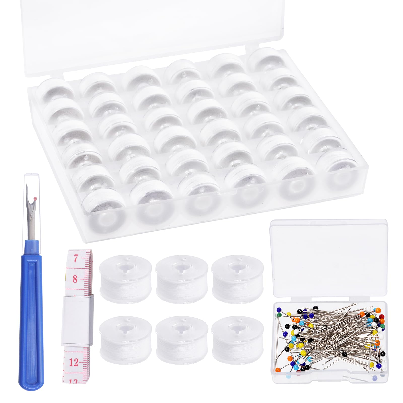 Tanstic 36Pcs White Prewound Bobbins, Size A Prewound Bobbin Thread with Bobbin Case, 100Pcs Sewing Pins, Seam Ripper, Ruler, Polyester Thread for Embroidery and Sewing Machines