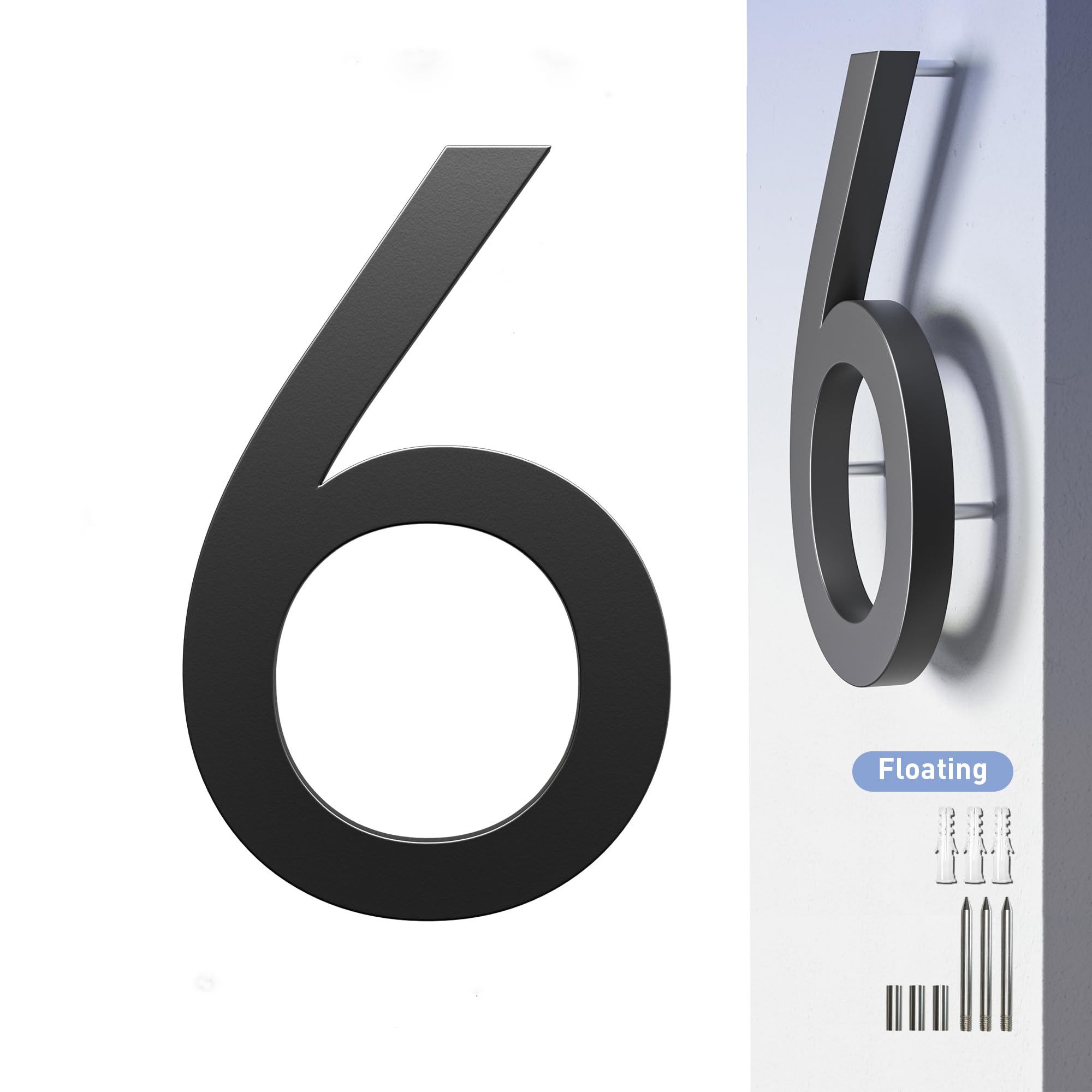 Photo 1 of House Numbers for Outside Address Number - 7 Inch Black Modern Metal House Number 6, 3D Effect Large Floating Door Numbers for Home Street Office